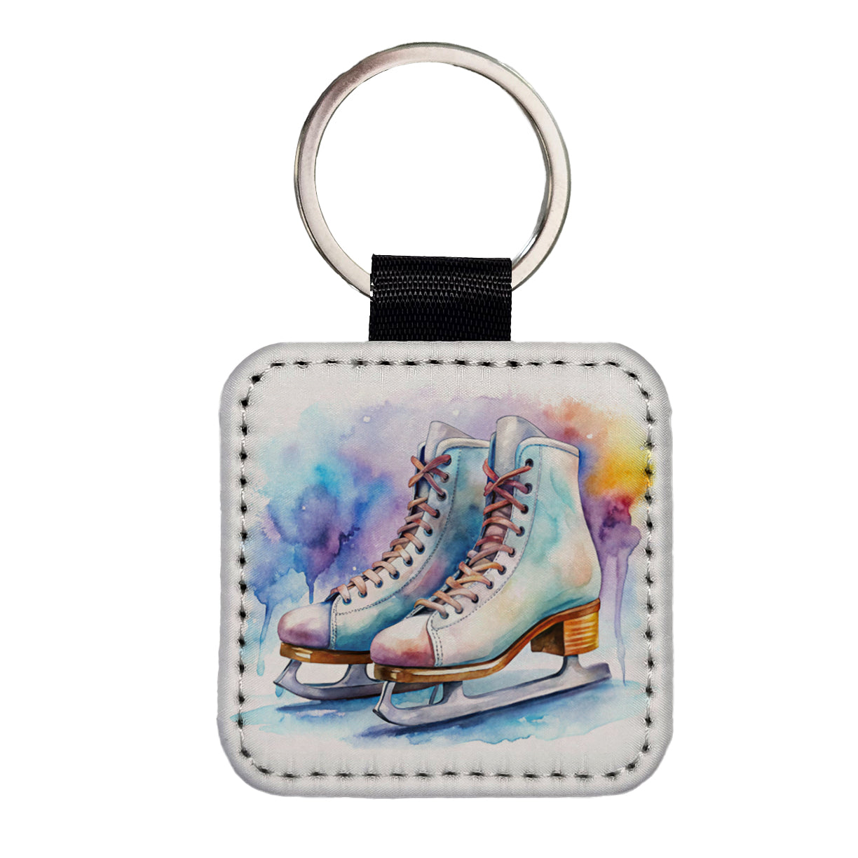 Pair Of Figure Skates Watercolor Square Faux Leather Keychain