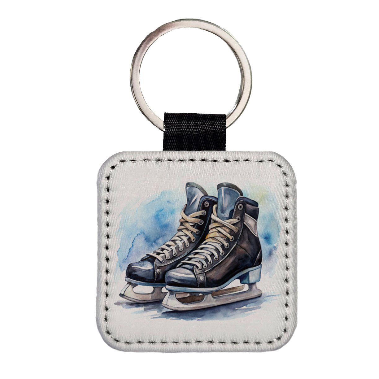 Pair Of Hockey Ice Skates Watercolor Square Faux Leather Keychain