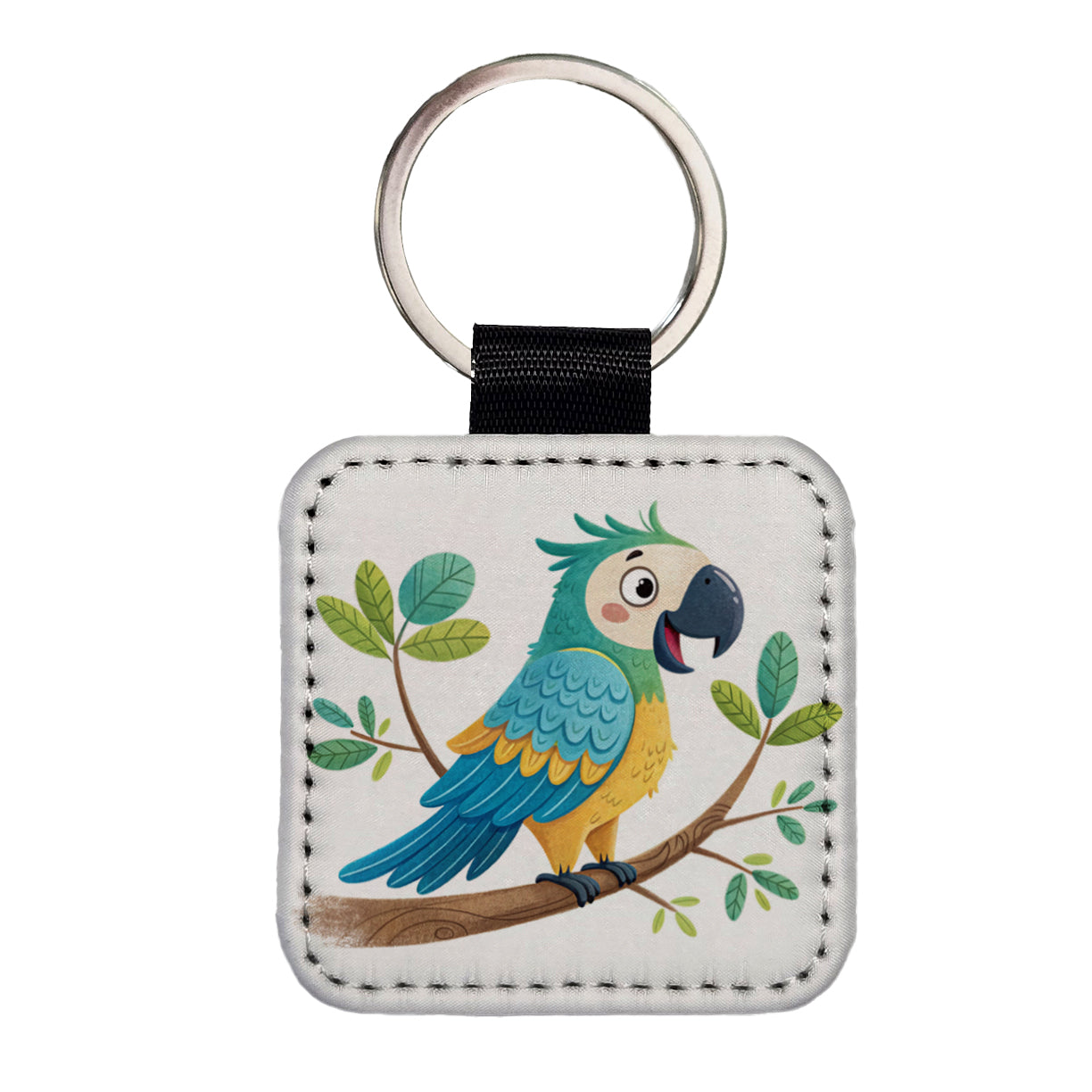 Parrot Children's Illustration Style Square Faux Leather Keychain
