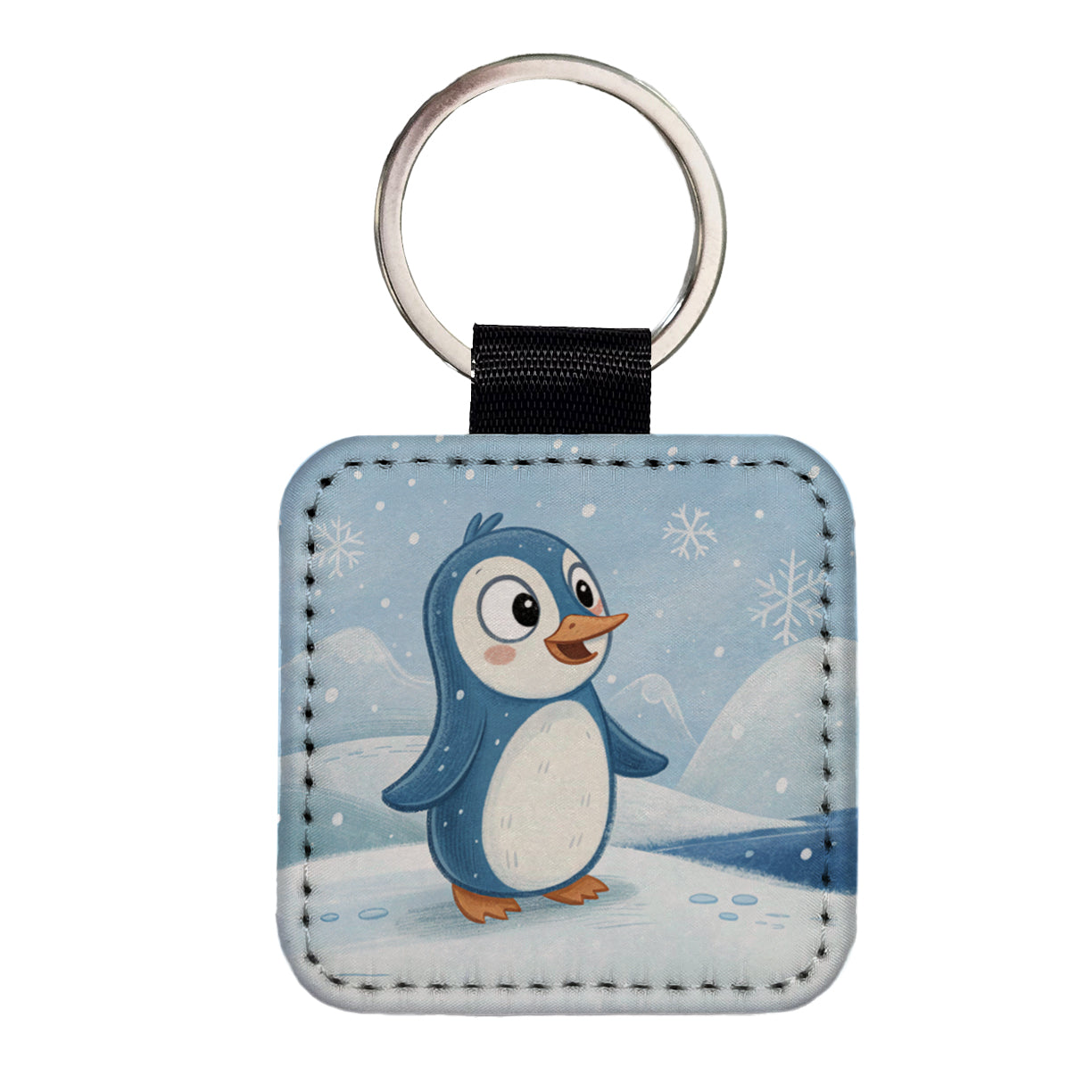 Penguin Children's Illustration Style Square Faux Leather Keychain