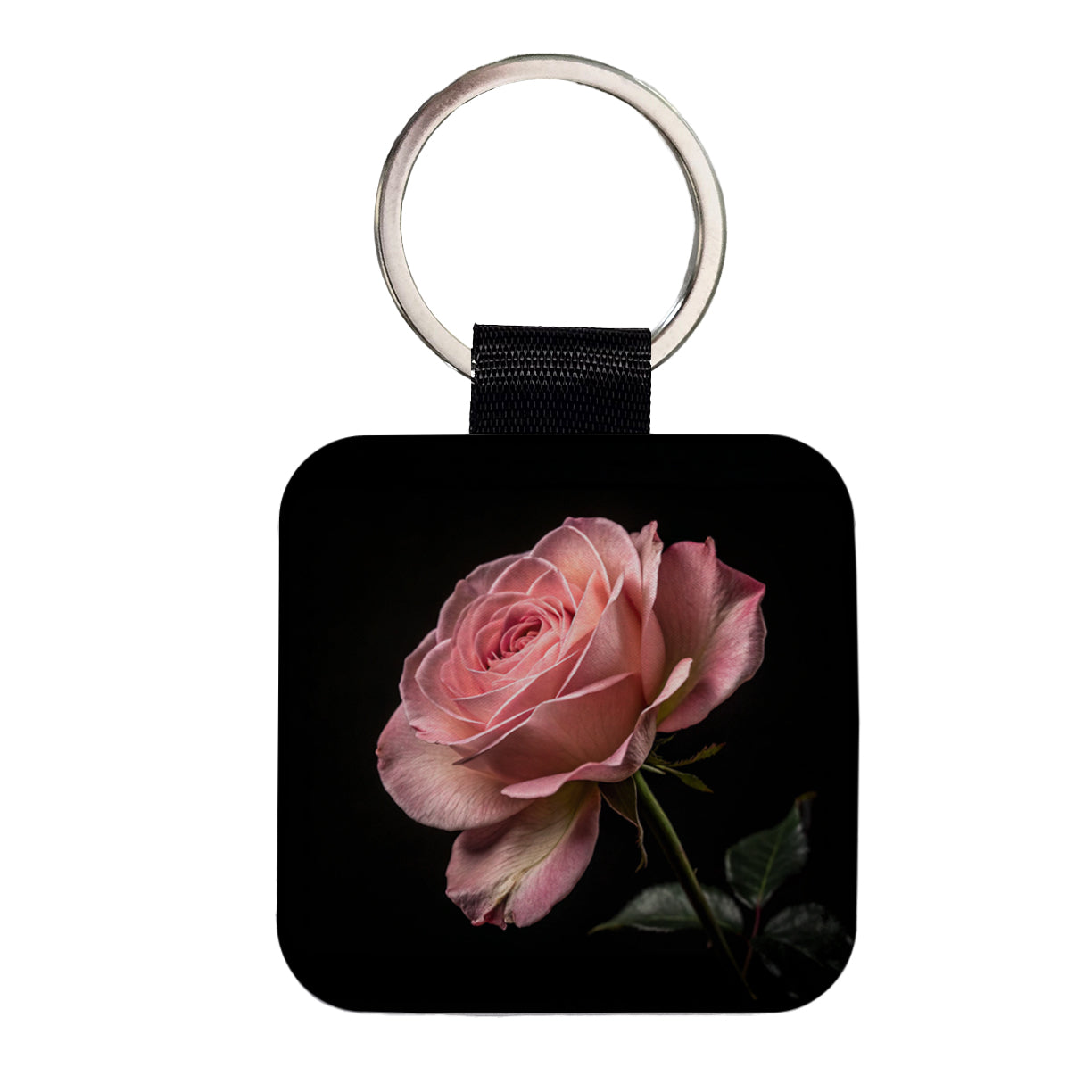 Pink Rose Square Faux Leather Keychain