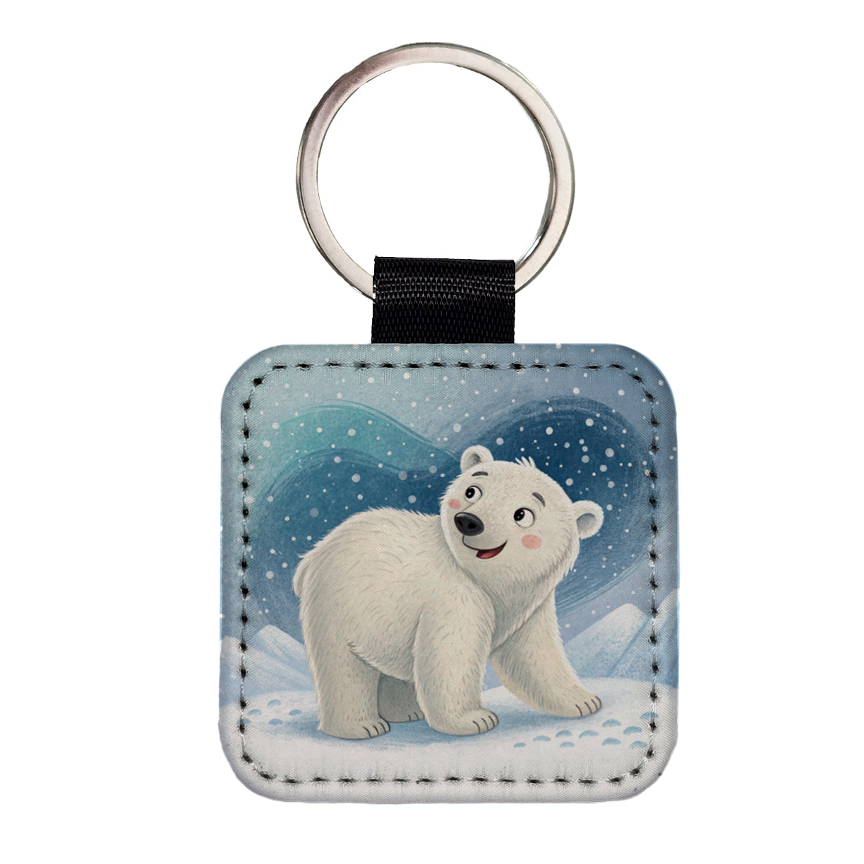 Polar Bear Children's Illustration Style Square Faux Leather Keychain