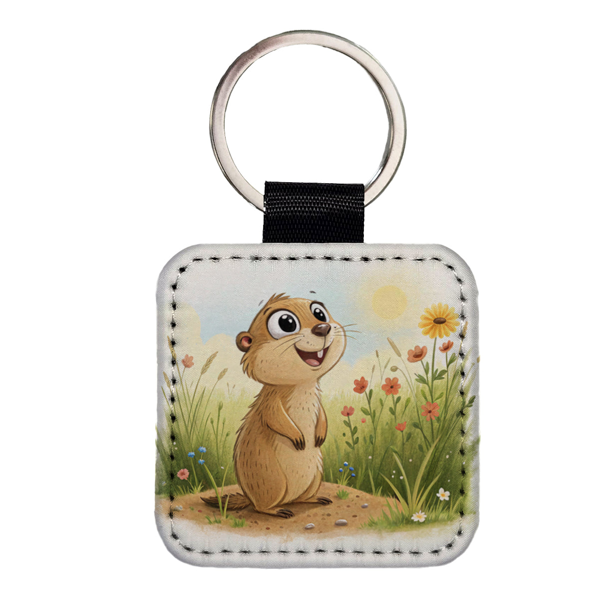 Prairie Dog Children's Illustration Style Square Faux Leather Keychain