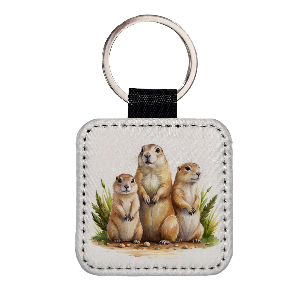 Prairie Dog Family Watercolor Square Faux Leather Keychain