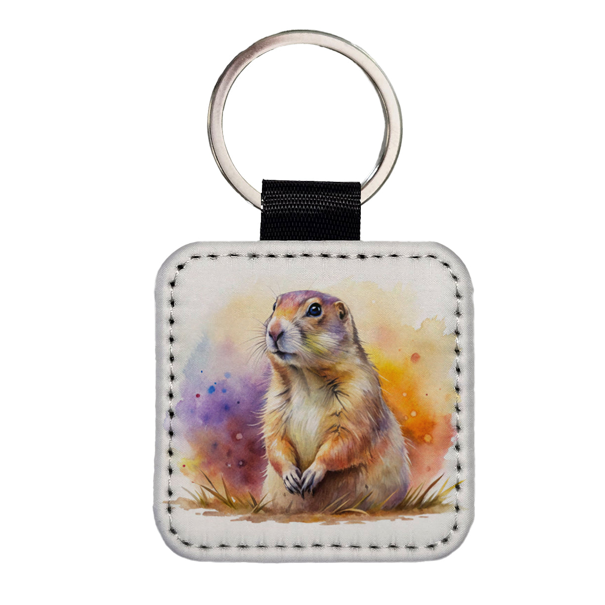 Prairie Dog Watercolor Square Faux Leather Keychain