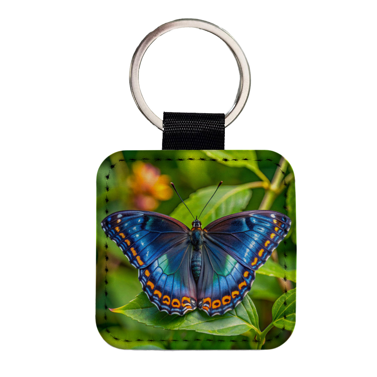 Pretty Blue Butterfly Square Faux Leather Keychain