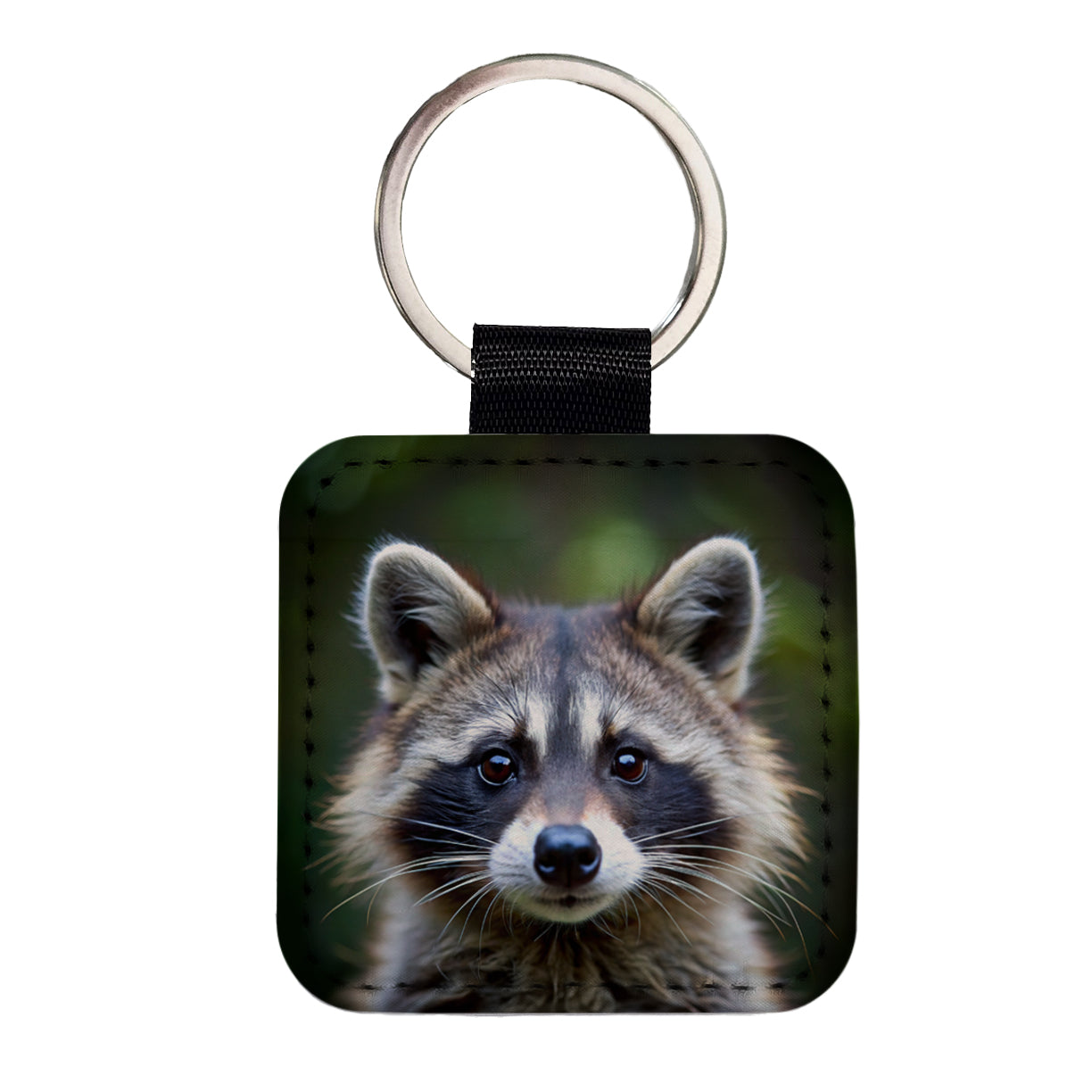 Raccoon Face Square Faux Leather Keychain