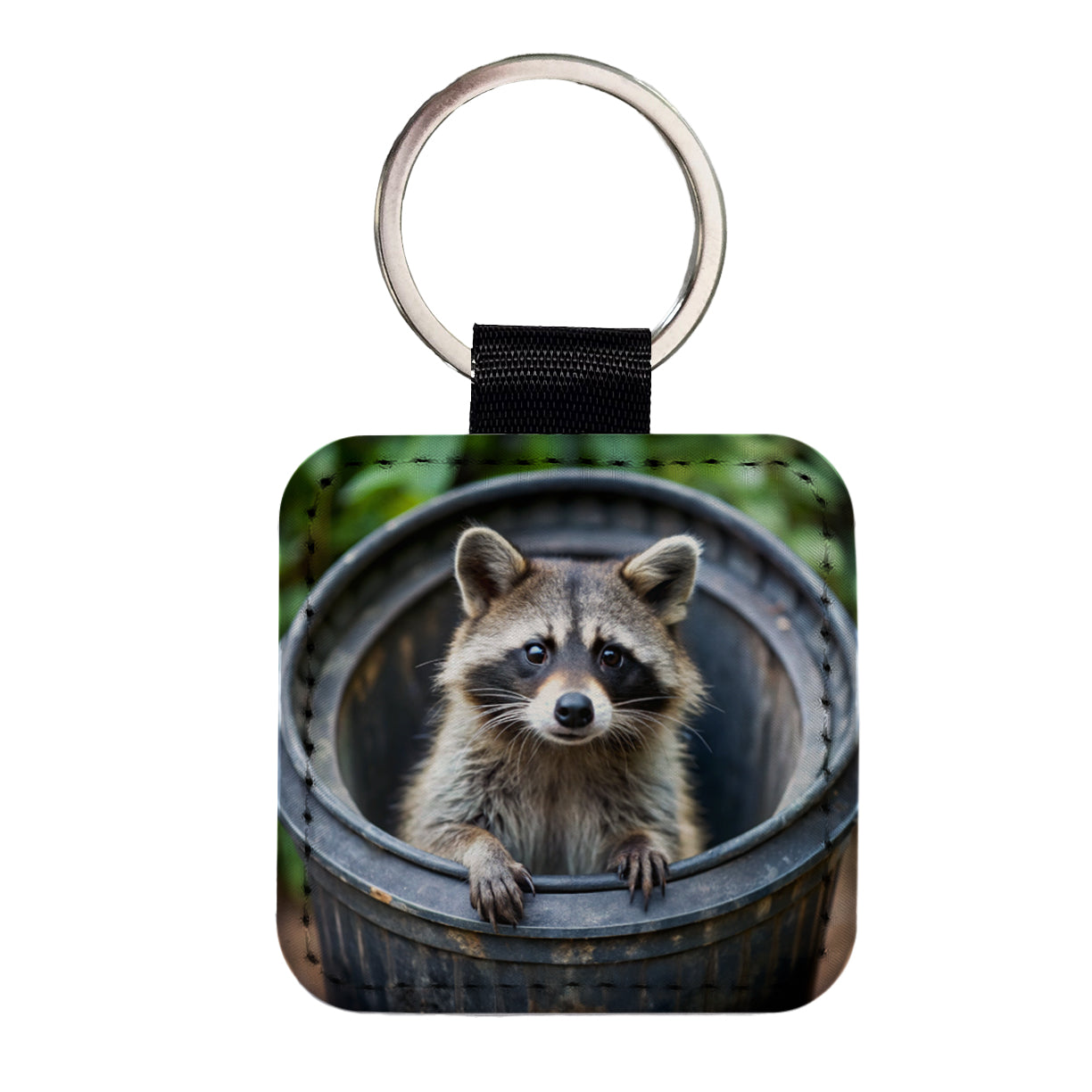 Raccoon In Barrel Trash Panda Square Faux Leather Keychain