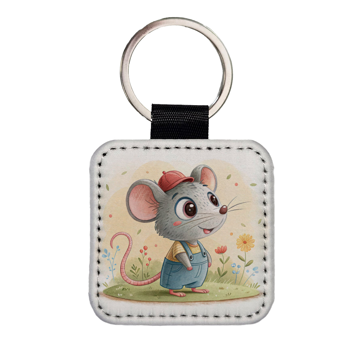 Rat Children's Illustration Style Square Faux Leather Keychain