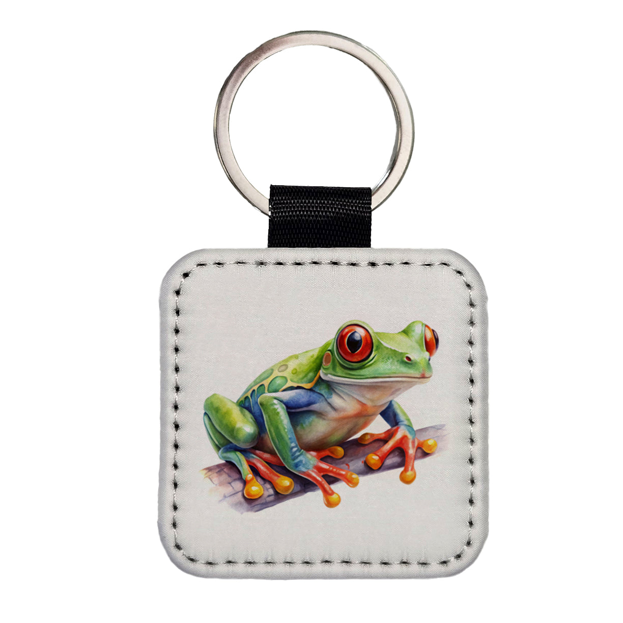 Red Eyed Tree Frog Watercolor Square Faux Leather Keychain