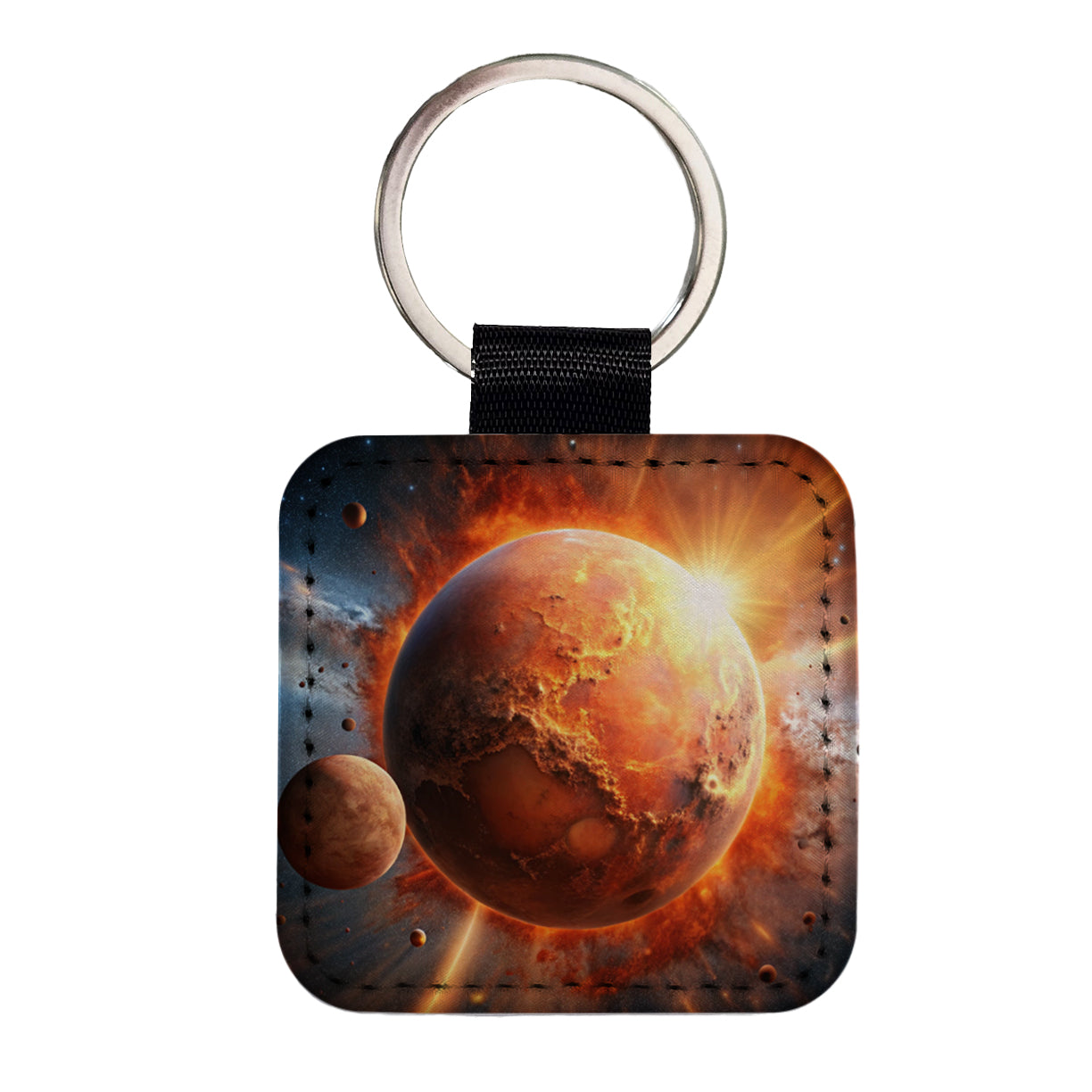 Red Planet Exploding in Space Sci-fi Square Faux Leather Keychain