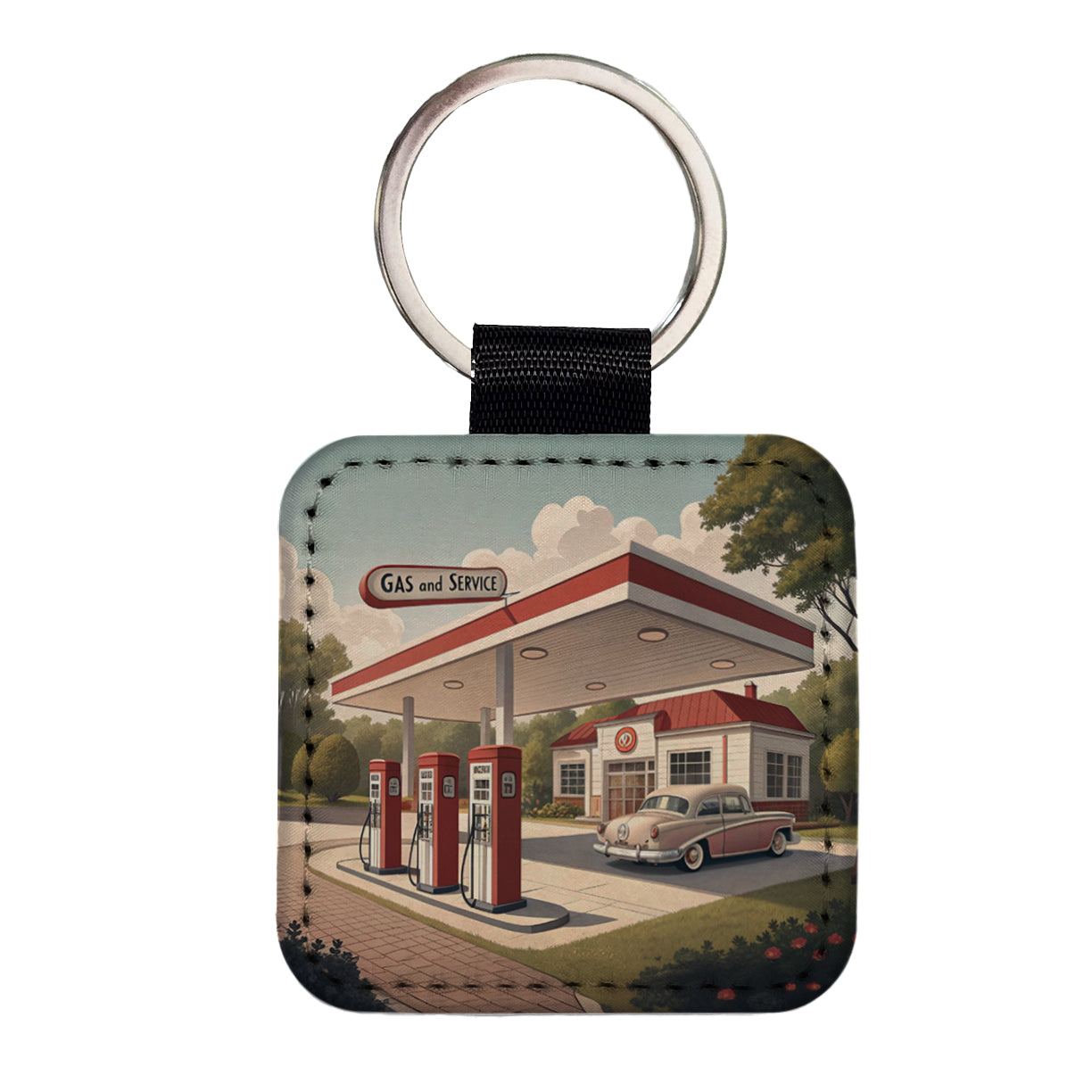 Retro Americana 1950's Gas Station Convenience Store Square Faux Leather Keychain