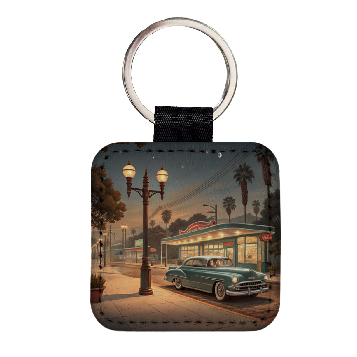Retro Americana1950's Main Street Diner Square Faux Leather Keychain