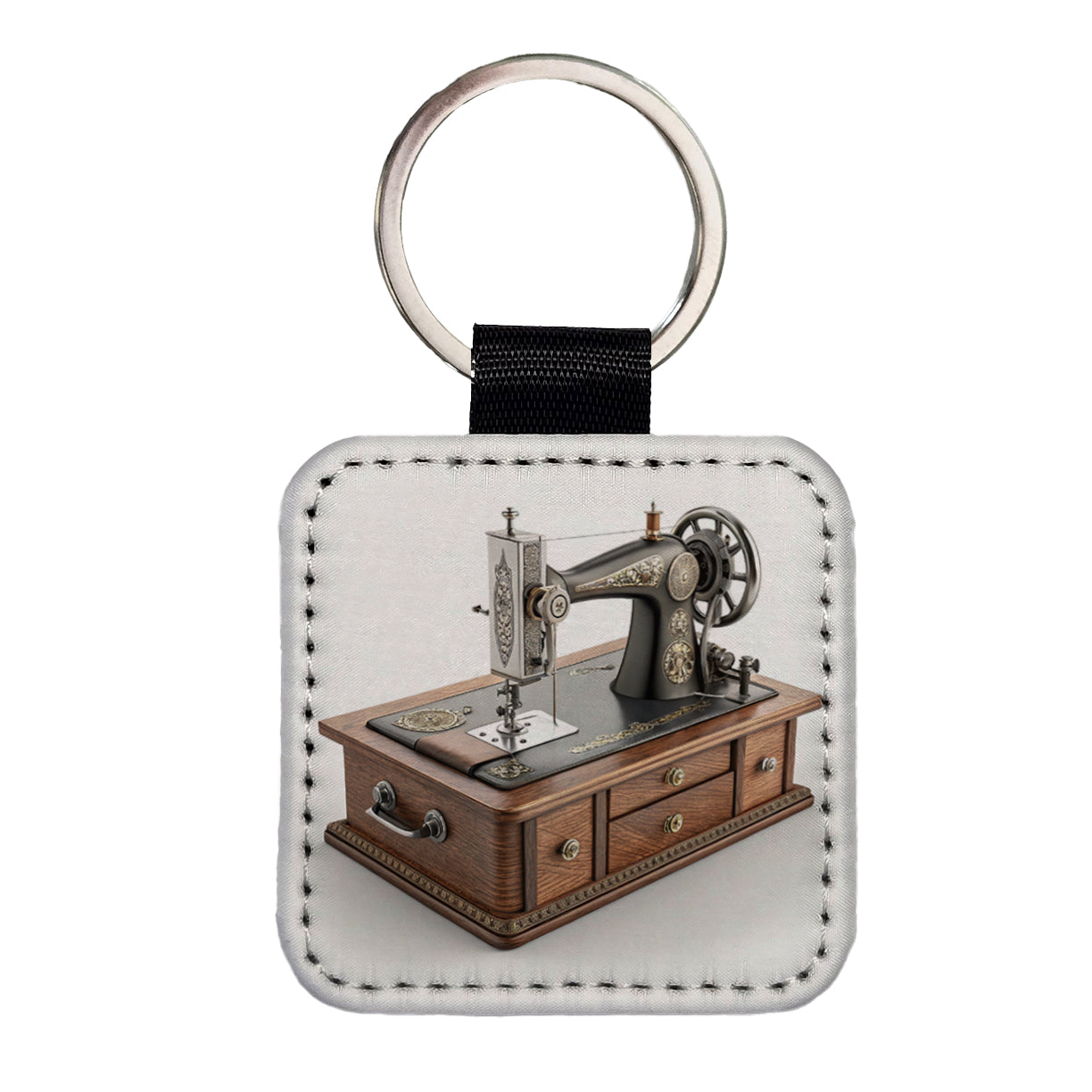 Retro Classic Sewing Machine Square Faux Leather Keychain