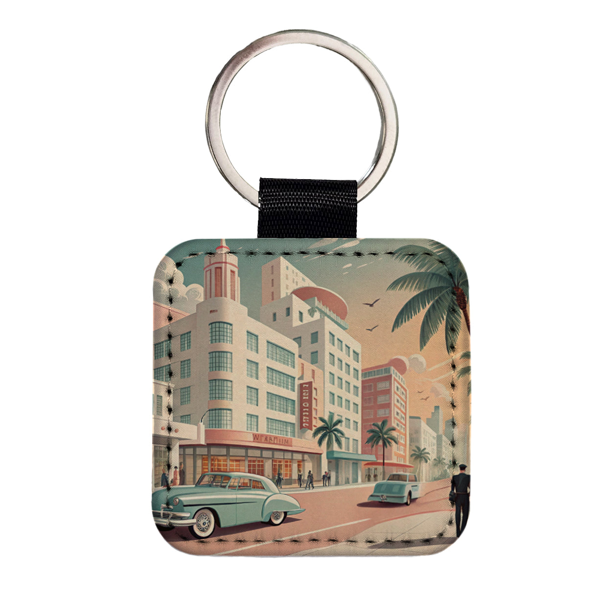 Retro Mid-Century Pastel Cityscape Square Faux Leather Keychain