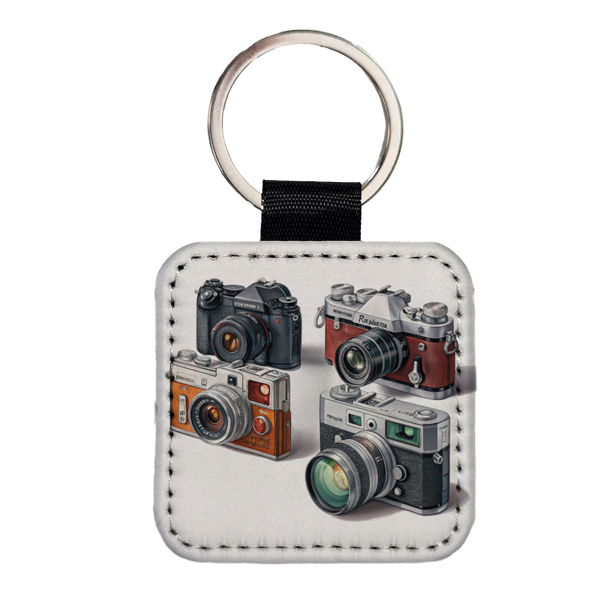 Retro Photography Cameras Square Faux Leather Keychain