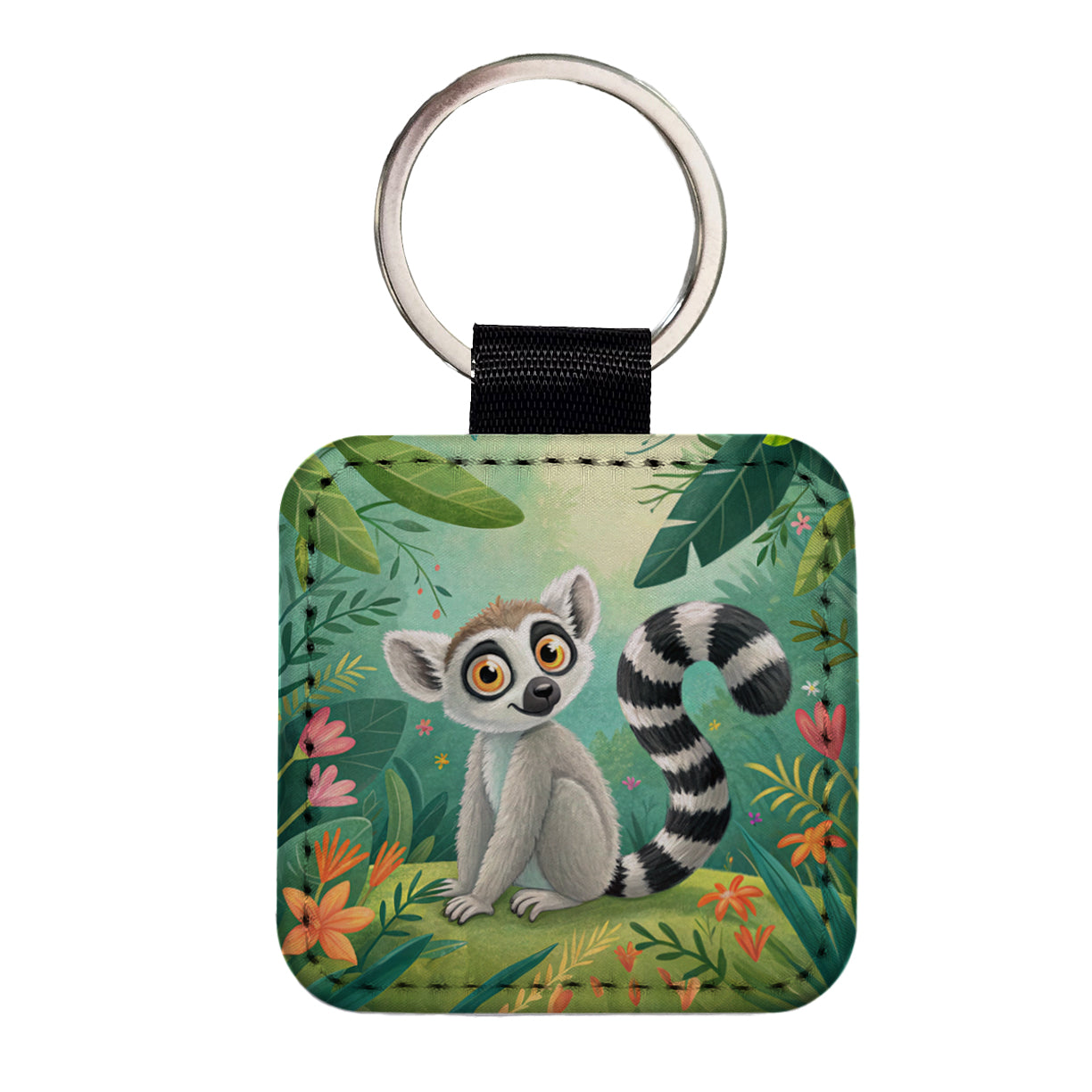 Ring-Tailed Lemur Children's Illustration Style Square Faux Leather Keychain