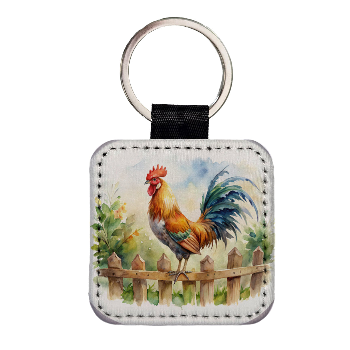 Rooster On Fence Watercolor Square Faux Leather Keychain