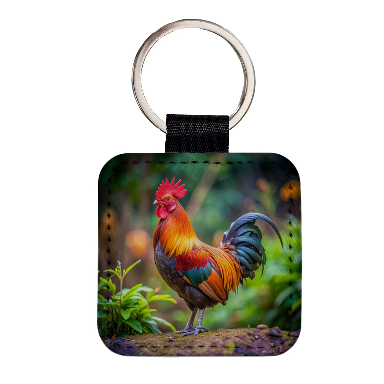 Rooster Square Faux Leather Keychain