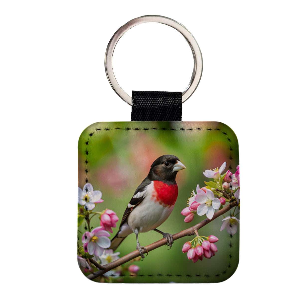 Rose Breasted Grosbeak Backyard Bird Square Faux Leather Keychain