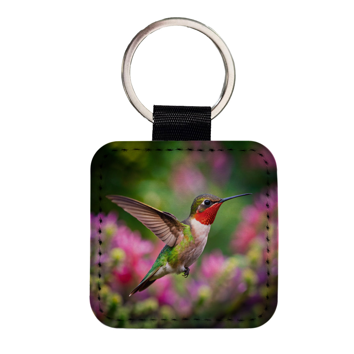 Ruby Throated Hummingbird Flying Backyard Bird Square Faux Leather Keychain
