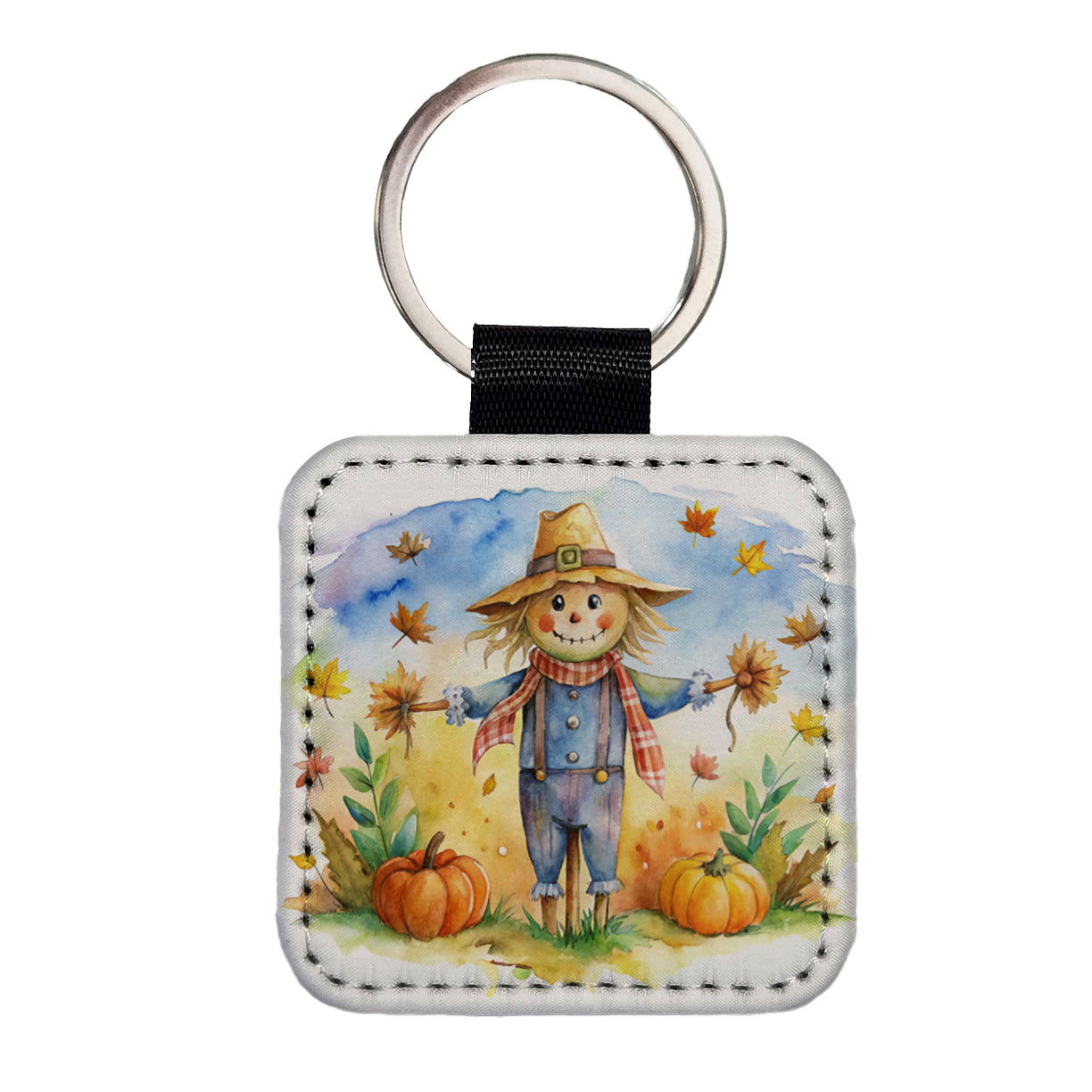 Scarecrow and Pumpkins Fall Watercolor Square Faux Leather Keychain