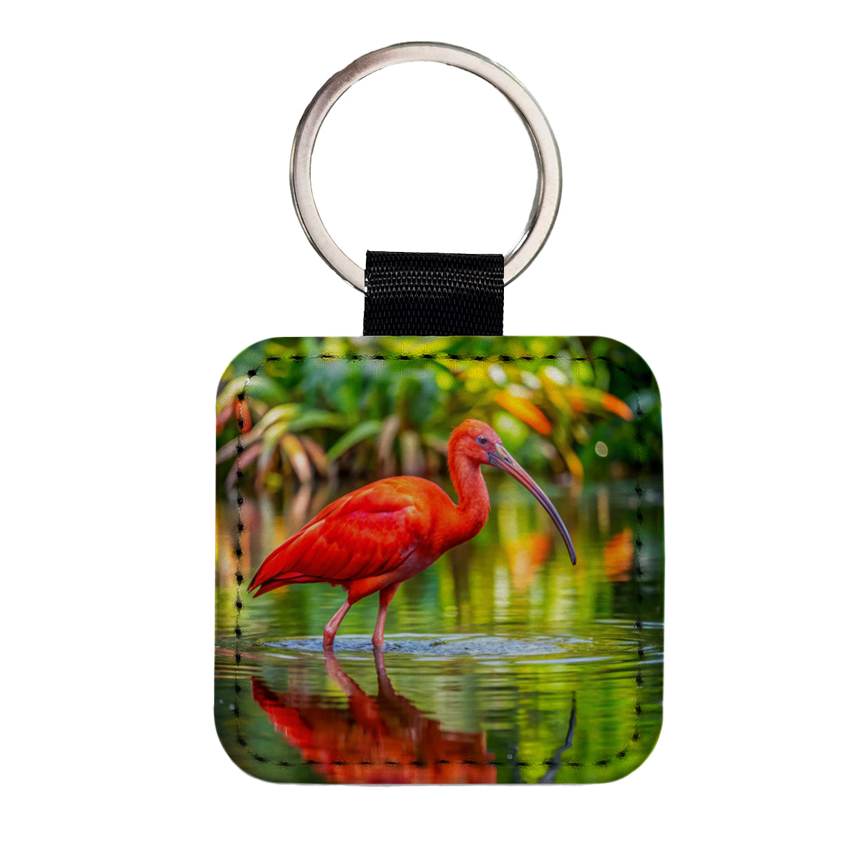 Scarlet Red Ibis Tropical Bird Square Faux Leather Keychain