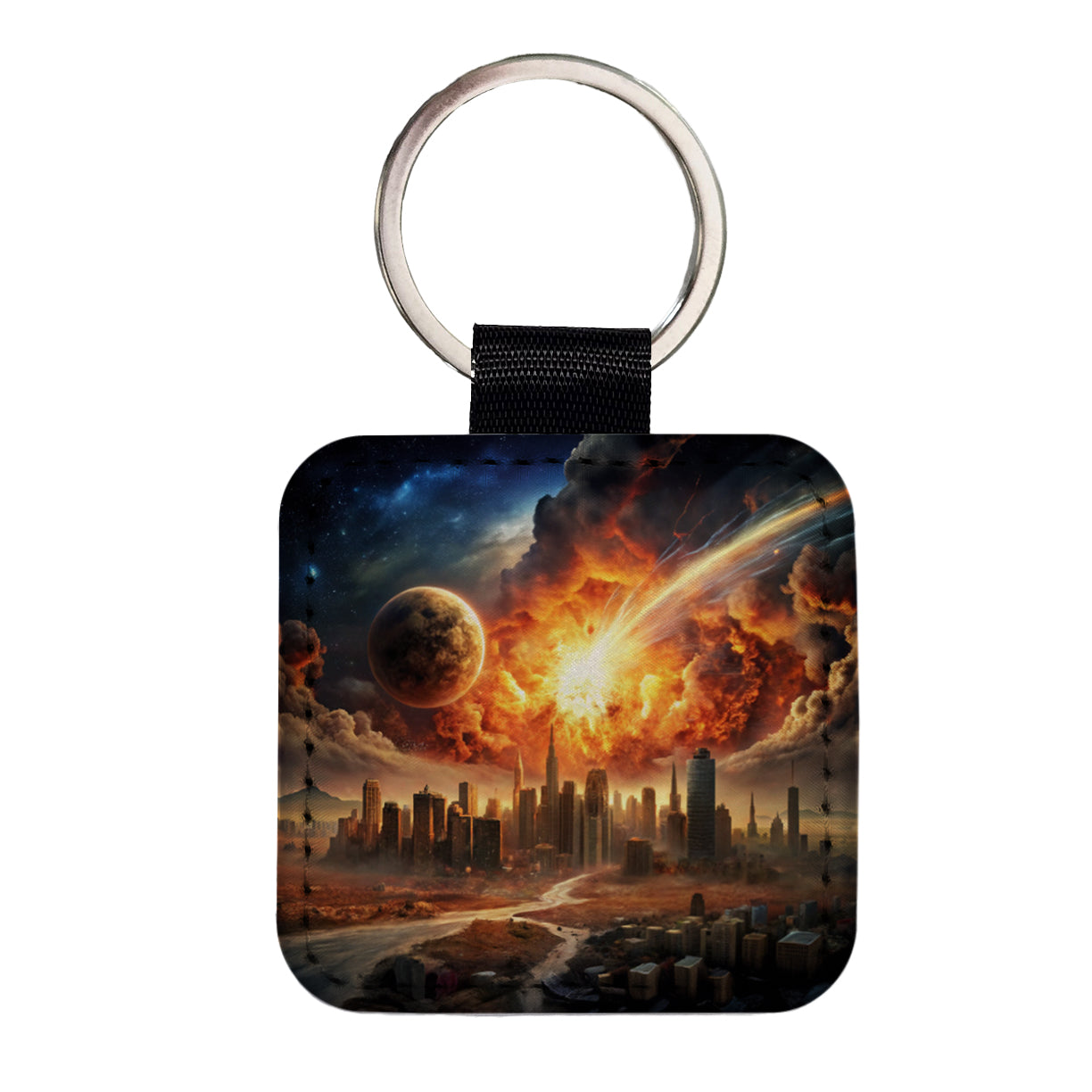 Sci-fi Doomsday End of the World Explosion Square Faux Leather Keychain
