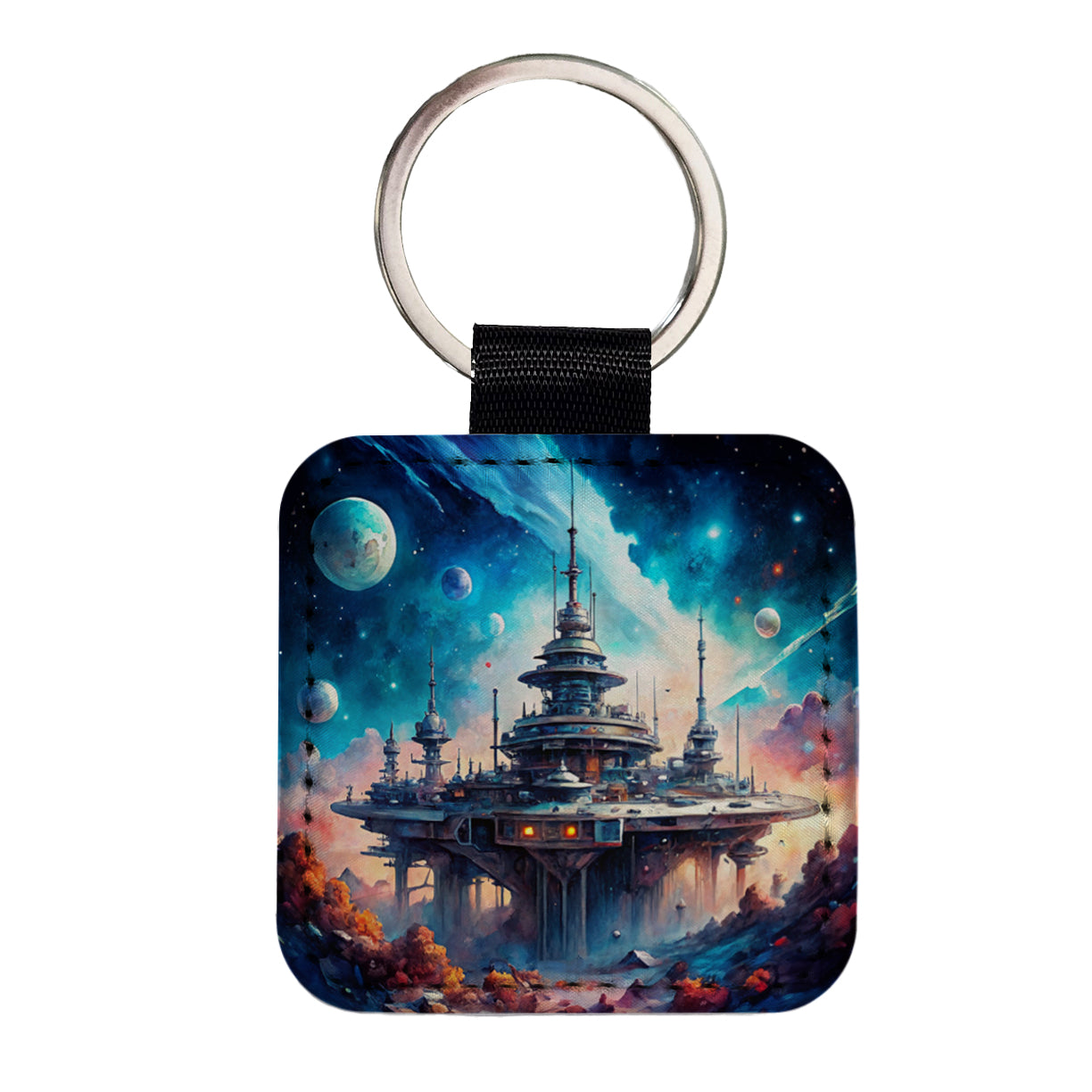 Sci-fi Military Space Station Square Faux Leather Keychain