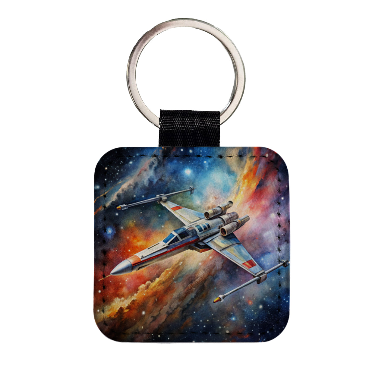 Sci-fi Space Starfighter Square Faux Leather Keychain