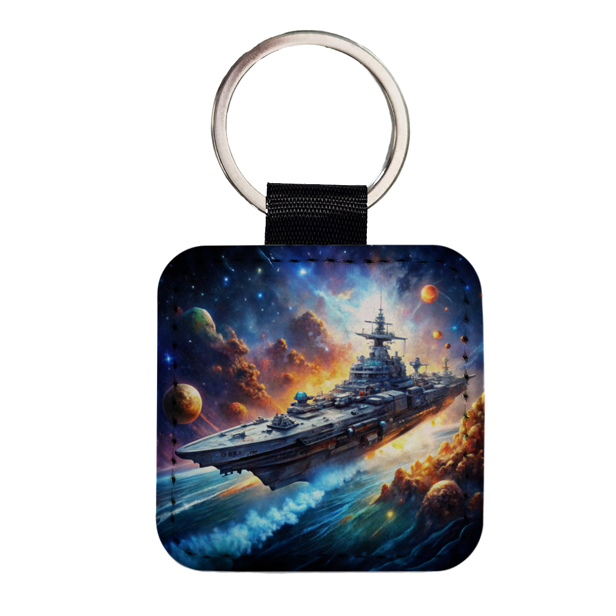 Sci-fi Space Warship Battleship Square Faux Leather Keychain