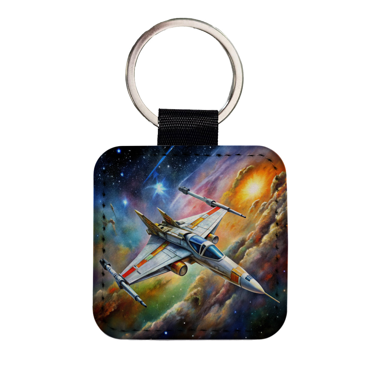 Sci-fi Starfighter Spaceship on Patrol Square Faux Leather Keychain