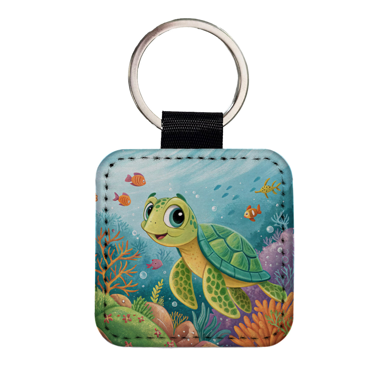 Sea Turtle Children's Illustration Style Square Faux Leather Keychain