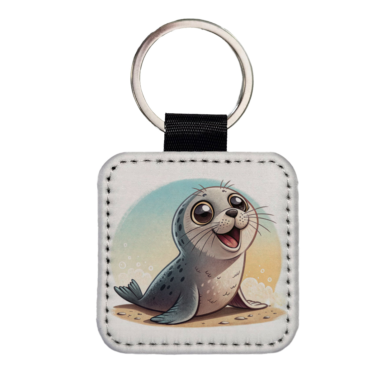 Seal Children's Illustration Style Square Faux Leather Keychain