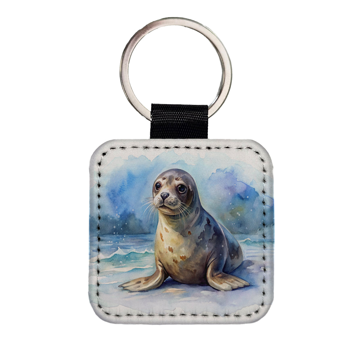 Seal Watercolor Square Faux Leather Keychain