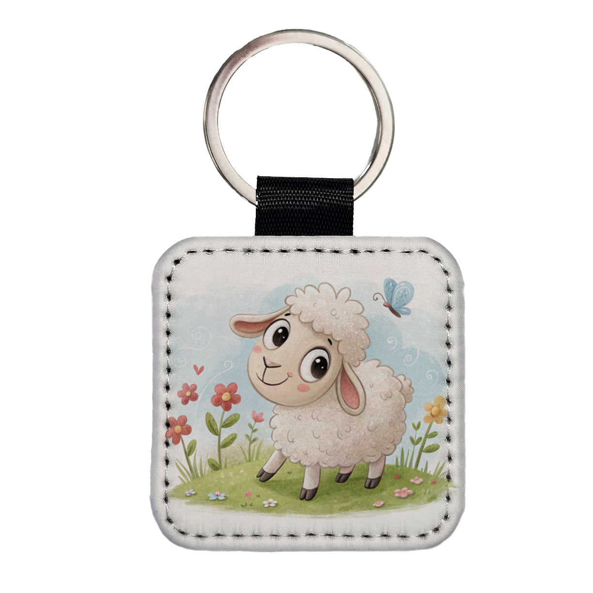Sheep Lamb Children's Illustration Style Square Faux Leather Keychain