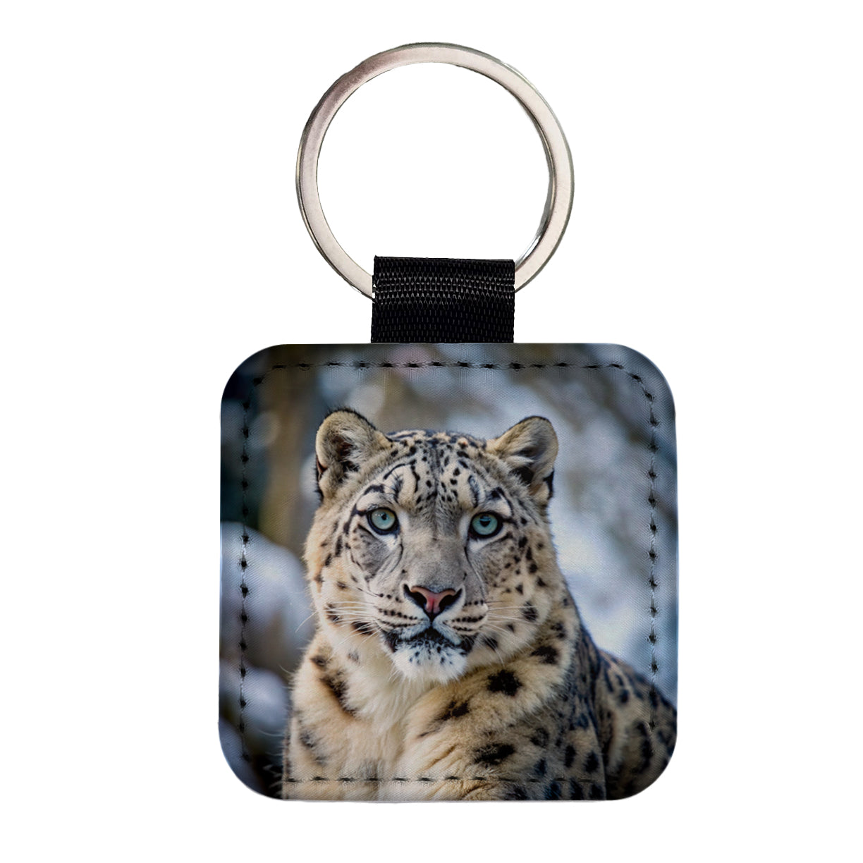 Snow Leopard Square Faux Leather Keychain