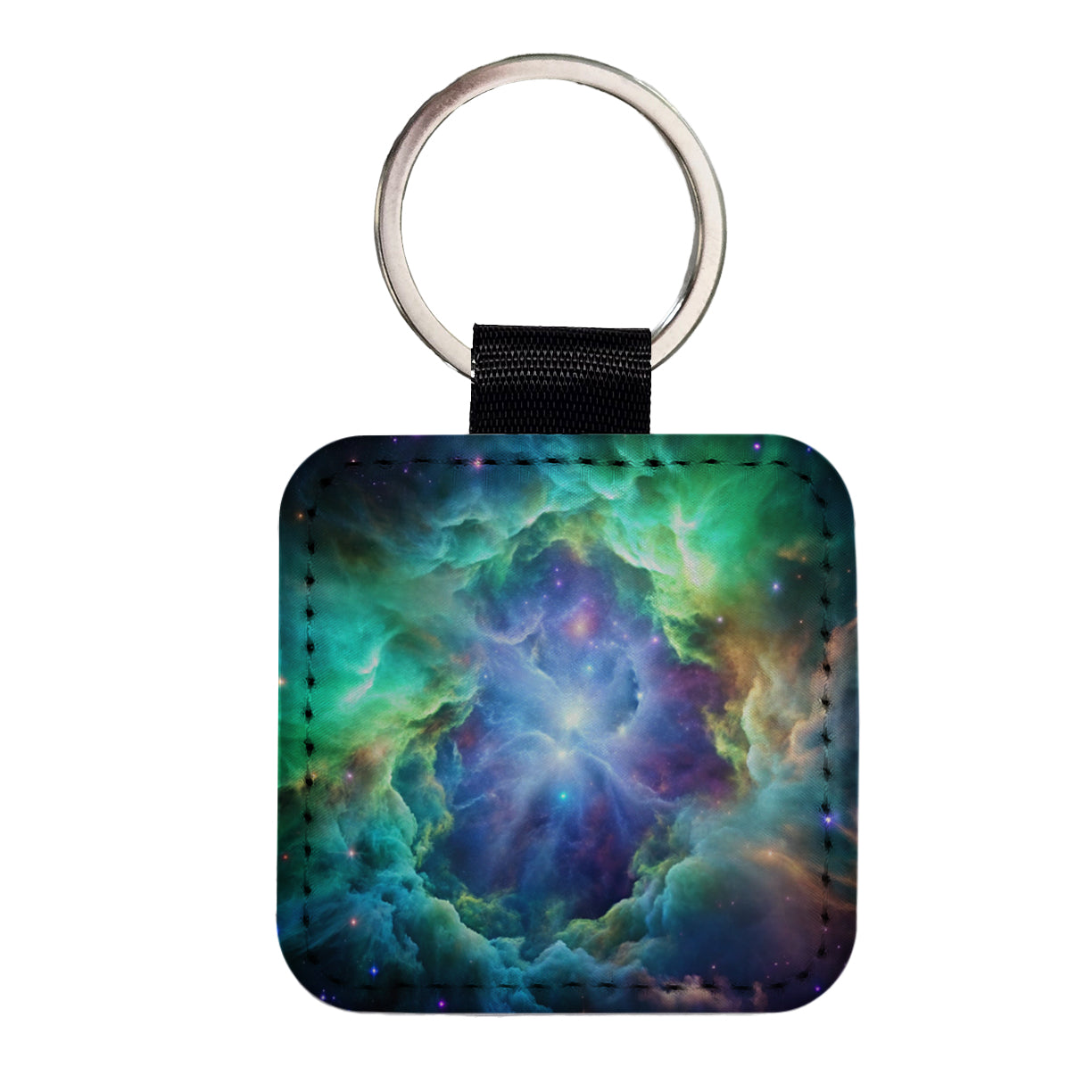 Space Galaxy Nebula Blue Purple Green Square Faux Leather Keychain