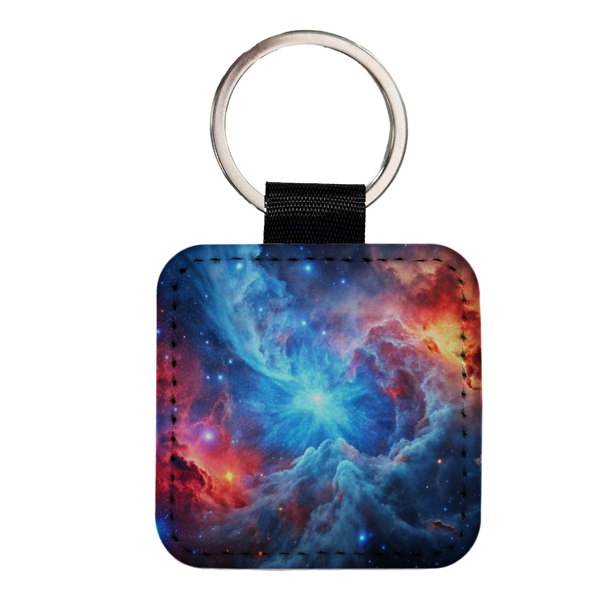 Space Galaxy Nebula Blue Red Square Faux Leather Keychain