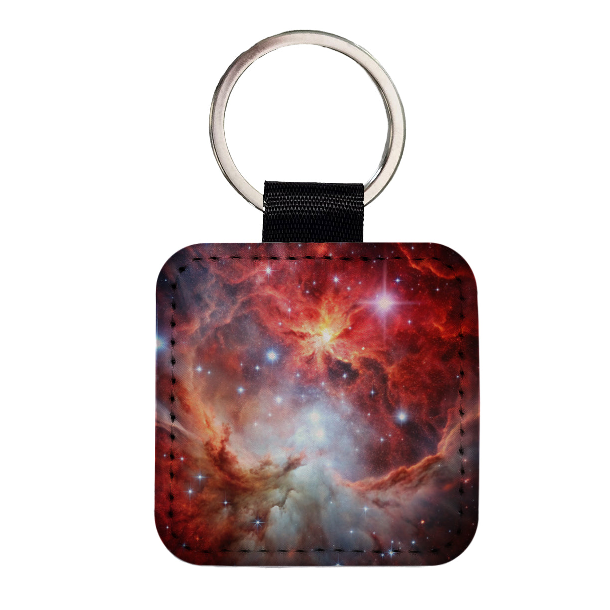 Space Galaxy Nebula Red White Square Faux Leather Keychain
