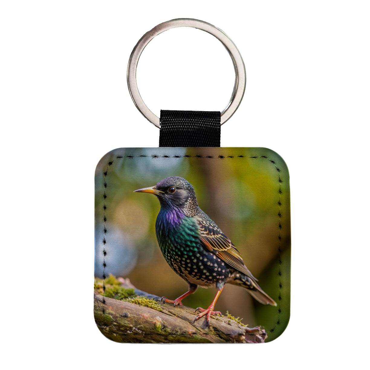 Starling Backyard Bird Square Faux Leather Keychain