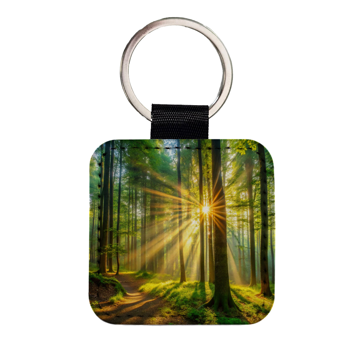 Sunlight Streaming Through Forest Trees Square Faux Leather Keychain