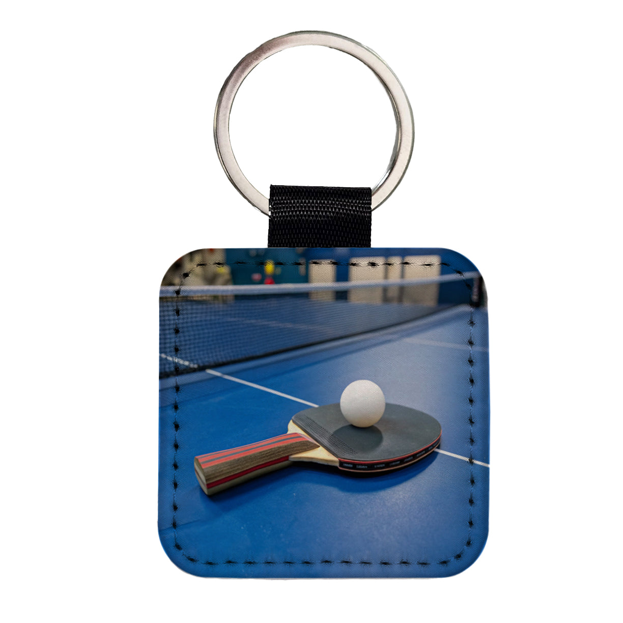 Table Tennis Ping Pong Paddle and Ball on Table Square Faux Leather Keychain