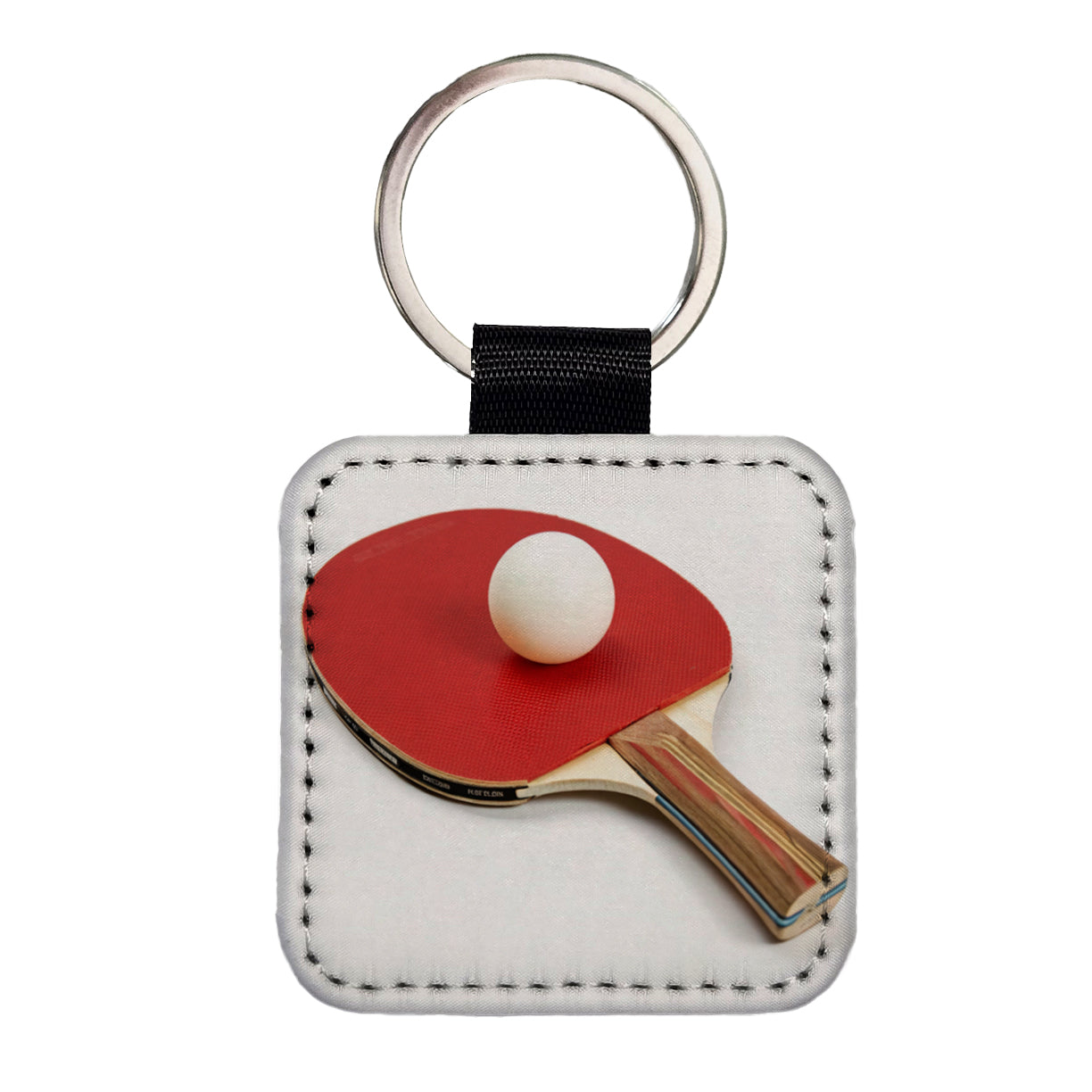 Table Tennis Ping Pong Paddle and Ball Square Faux Leather Keychain