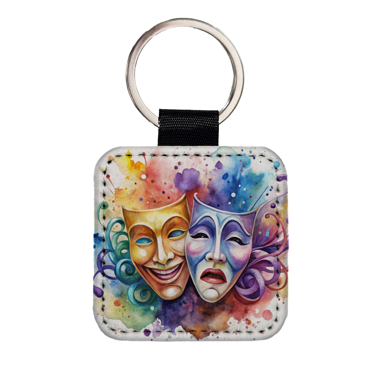 Theater Drama Masks Watercolor Square Faux Leather Keychain