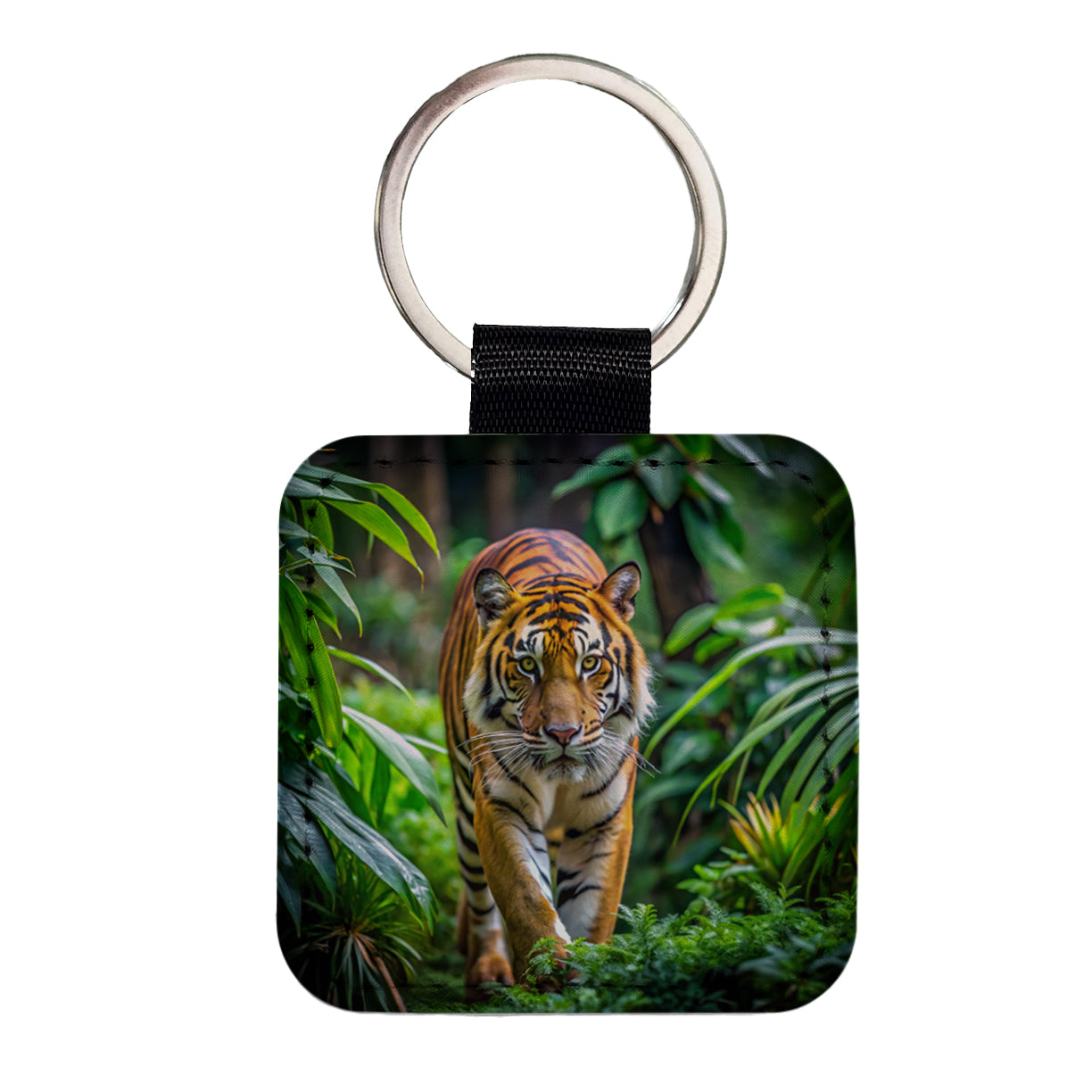 Tiger Stalking Prey In The Jungle Square Faux Leather Keychain