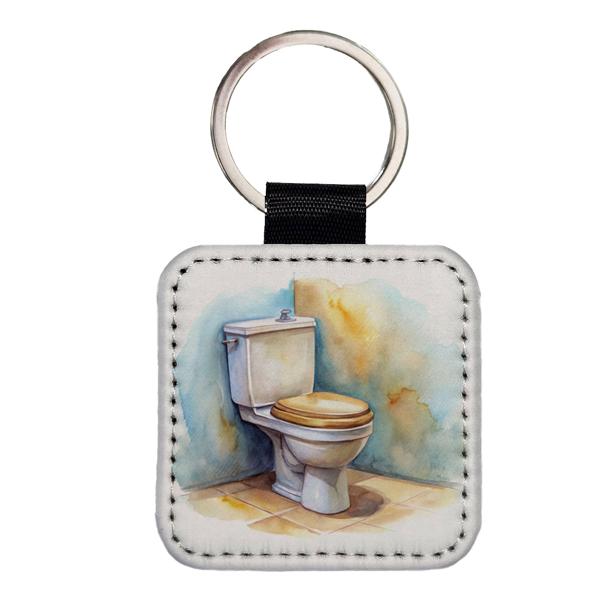 Toilet Watercolor Square Faux Leather Keychain