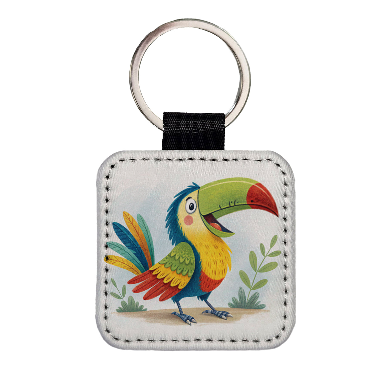 Toucan Bird Children's Illustration Style Square Faux Leather Keychain
