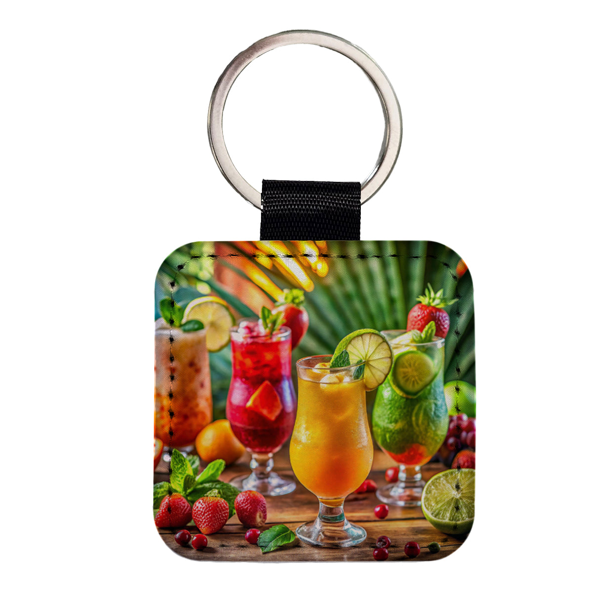 Tropical Colorful Fruity Drinks Square Faux Leather Keychain