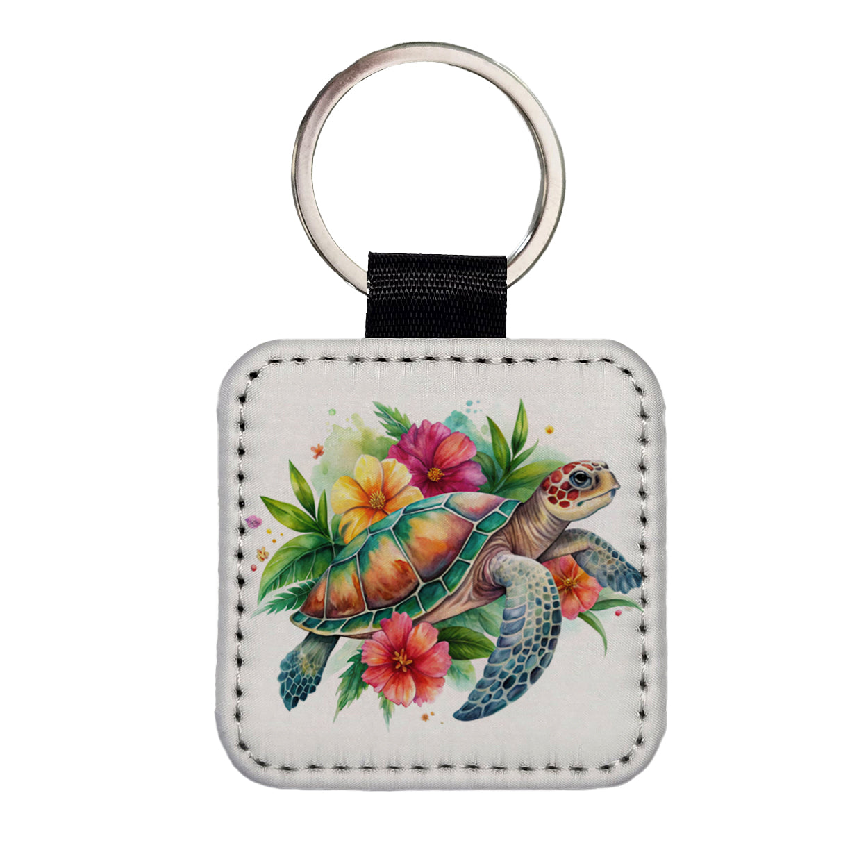 Tropical Sea Turtle Hibiscus Floral Watercolor Square Faux Leather Keychain